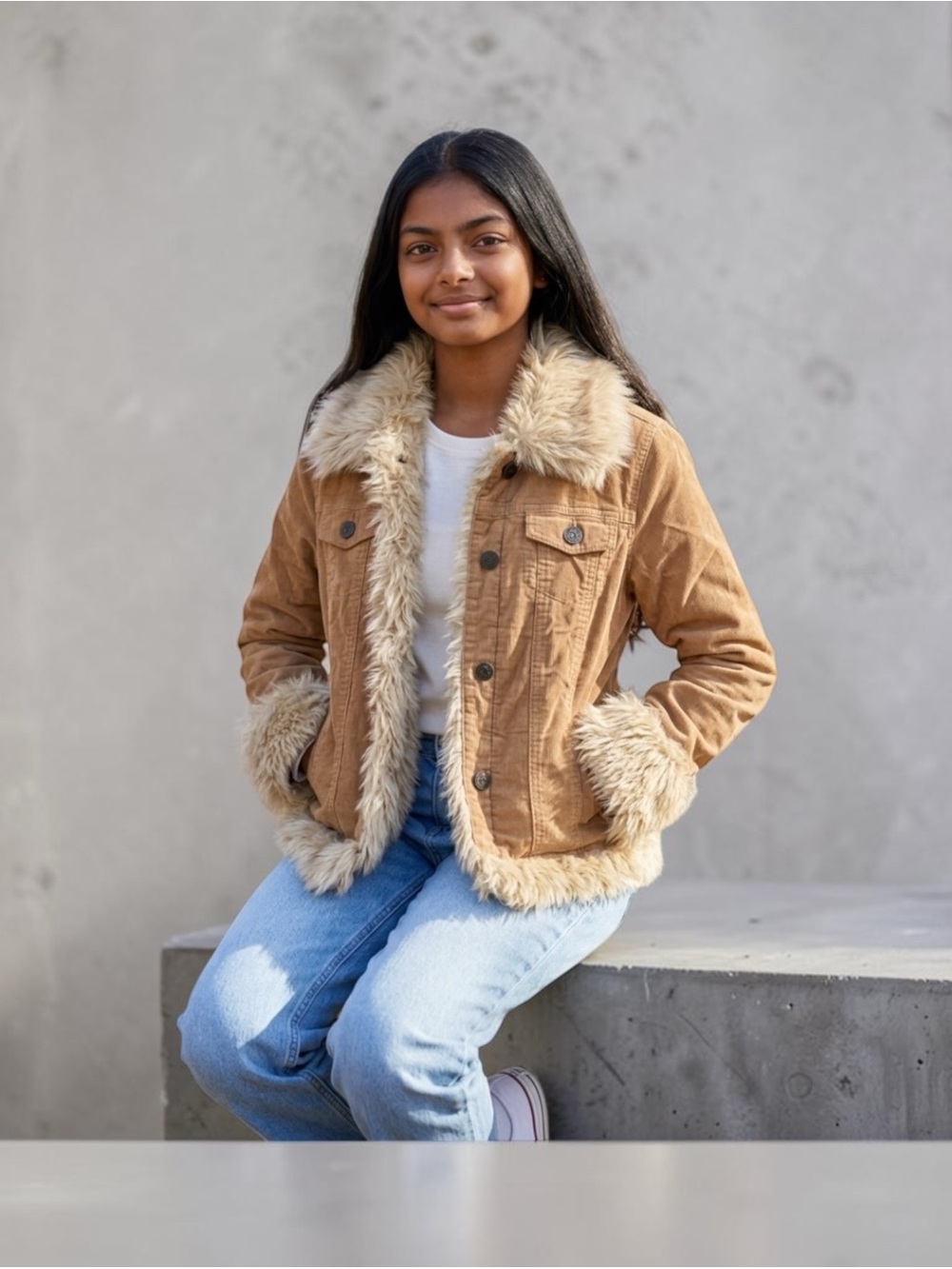 Girls Faux Fur Trim Jackets - Salmon Pink and Brown